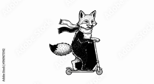 Whimsical fox in scarf glides on scooter