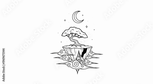 Whimsical floating island with a twisted tree, a crescent moon, and a small house