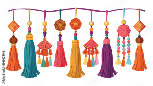 Decorative tassels hang on a string in a colorful display at a craft market in an outdoor setting on a sunny day