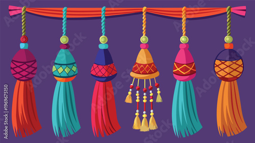 Tassels hang from a rod against a purple background with colorful designs