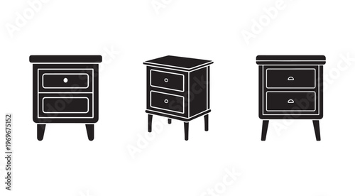 Three black and white nightstand silhouettes with two drawers in different views  furniture icons