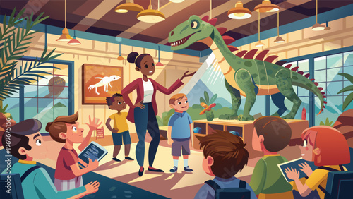 Children learn about dinosaurs in a classroom with a dinosaur model and an engaging teacher