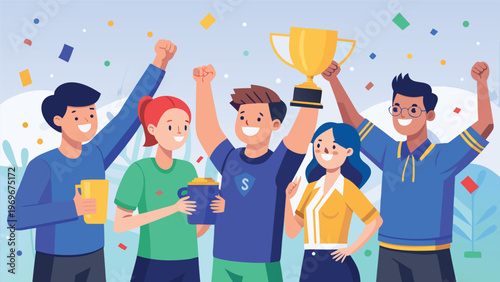 Group celebrates victory with a trophy and confetti at a sports event in sunny weather