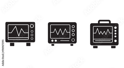 Three black and white oscilloscope icons with different screen displays and control buttons on transparent background  electronic devices for measuring signal waveforms
