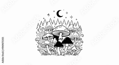 Whimsical night scene with various mushrooms under a crescent moon and stars