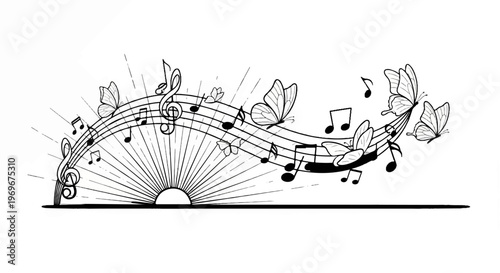 Whimsical musical notes dance with delicate butterflies, rising from a sunburst