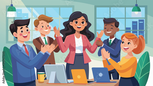 Team celebrates success in office during meeting with smiles and applause