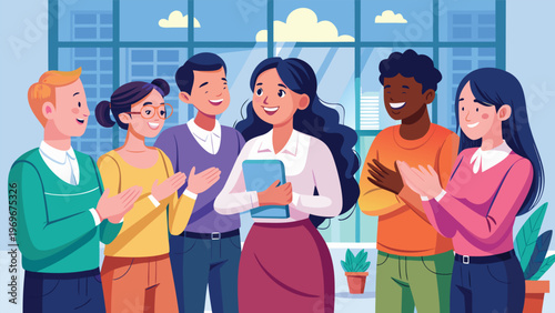 Team celebrates a colleague's achievement in an office setting during the day with smiles and applause