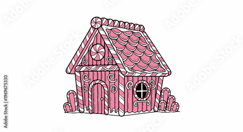 Whimsical pink candy house with candy cane accents and a swirled frosted trim