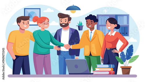 Business team engages in handshake during meeting in office environment with books and plants in background