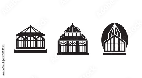 Three black and white silhouettes of greenhouses with different roof shapes and designs