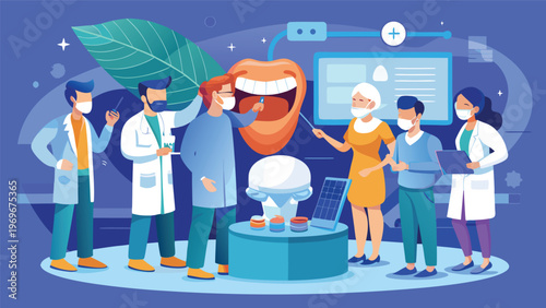 Group of people in lab coats discussing dental health and technology in a modern clinic setting during daytime hours