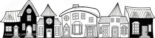 Whimsical row of cartoon houses with varied roofs and windows