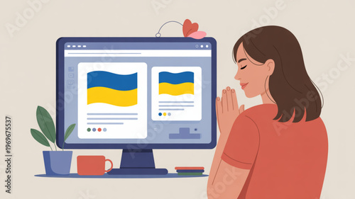Woman praying in front of computer with ukraine flag on screen symbolizing hope and support