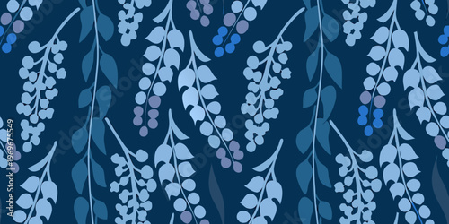 A repeating pattern of blue and lavender floral stems and berries
