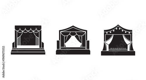 Three black and white silhouettes of theatrical stages with curtains and canopies for presentations or performances  isolated on white background