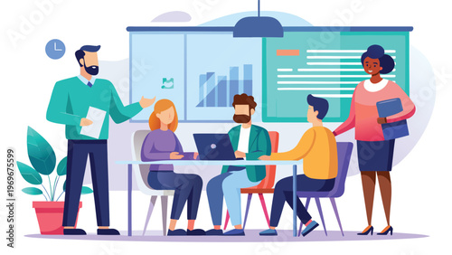 Business meeting takes place in office with team discussing ideas and using computer for project development