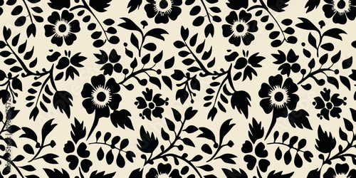 Black floral pattern with stylized blooms and leafy stems on beige