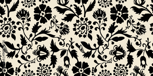 Intricate black floral pattern on a cream colored background