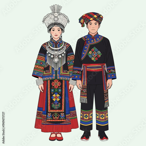 Miao ethnic couple in traditional vibrant clothing and headdresses