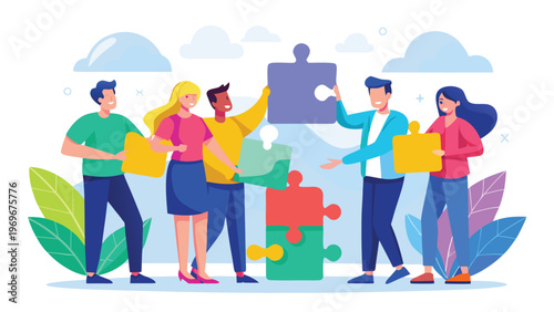 Group of people working together to complete a puzzle in a bright setting during the day at a collaborative event