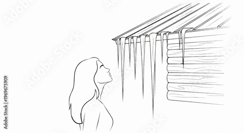 Woman gazes up at icicles hanging from a rustic log cabin roof