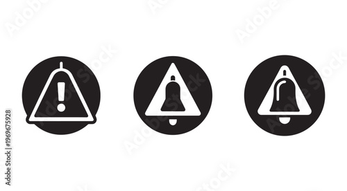Three black and white warning signs with exclamation mark and bell icons in circles for notifications alerts and caution  warning symbols for danger and attention