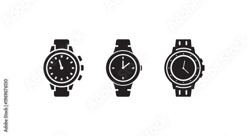 Three black and white watch icons with white outlines on white background  simple clock designs