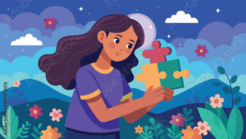 Girl solves a puzzle in a flower field with mountains and clouds during a sunny day