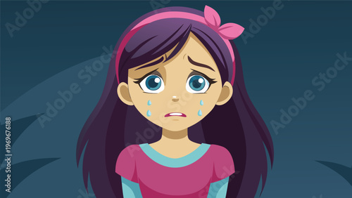 Young girl shows sadness while sitting alone during nighttime in a digital art style