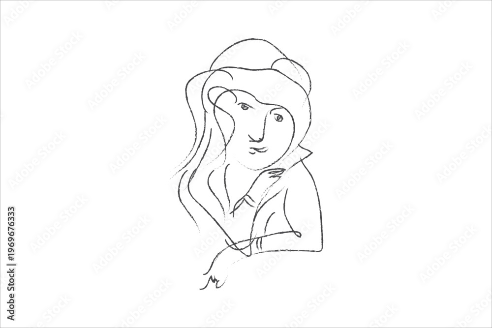 Fototapeta premium Sketch of a young woman with long hair simple line art portrait