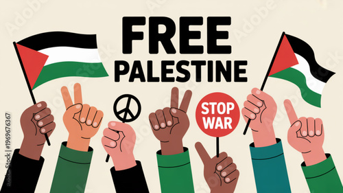 Diverse hands holding palestinian flags and peace signs with 'free palestine' and 'stop war' slogans