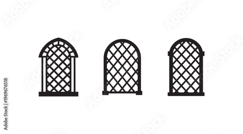 Three black arched window grilles with lattice patterns on white background  architectural elements  decorative designs