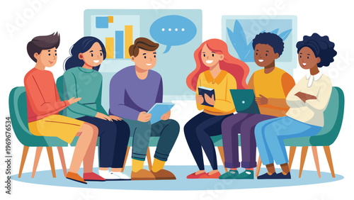 Group of friends sharing ideas in a casual setting with laptops and tablets during a discussion in the afternoon