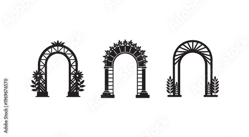 Three black arches with plants and flowers on either side decorative entrance gates with foliage and architectural details