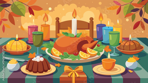Thanksgiving dinner with turkey, desserts, and candles on a table set in autumn season