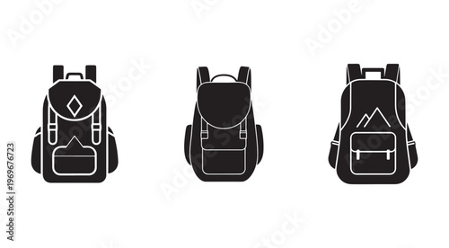 Three black backpacks with white outlines in different views for travel and outdoor activities