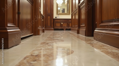 A luxurious hallway with polished marble flooring and rich wooden paneling, captured from a low-angle perspective.