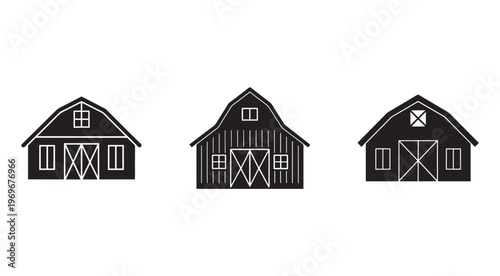 Three black barns with white outlines and details on white background  farm buildings in various styles