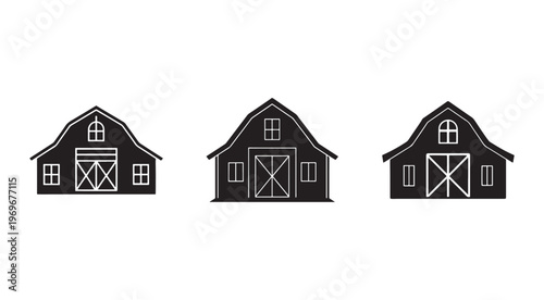 Three black barns with white outlines and details on white background  farm buildings