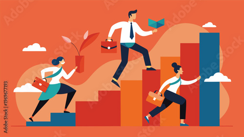 People climbing stairs with briefcases and plants while moving upward towards success in a bright colored setting