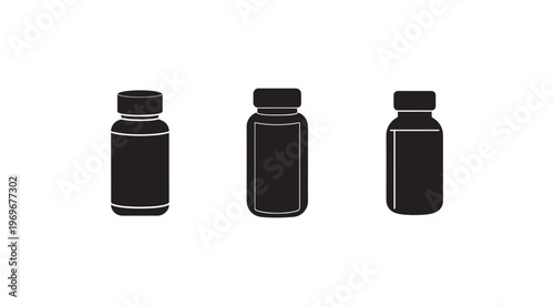 Three black bottles with caps on a white background  simple icons for design  illustration