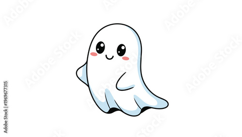 Adorable cartoon ghost with large sparkling eyes and pink cheeks provides a friendly and whimsical character for Halloween themed decorations.