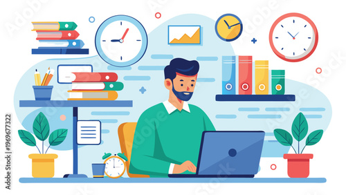 Man working at a desk with laptop in a modern office space surrounded by books and clocks during daytime