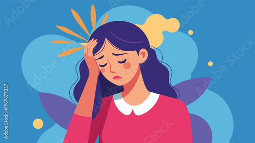 Woman holding her head showing sadness with colorful background in a digital illustration