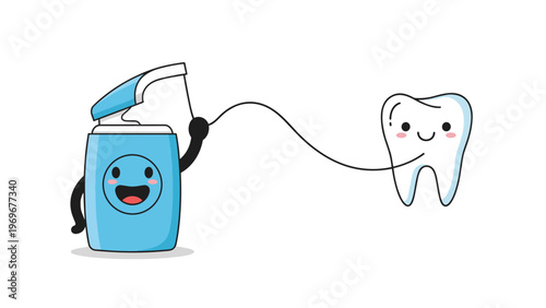 Cheerful dental floss character helps a happy tooth clean between its gaps to encourage effective oral hygiene routines and prevent cavities.