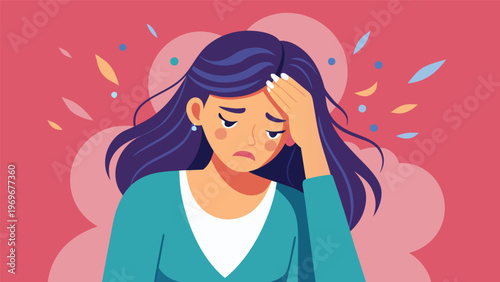 Woman shows sadness and distress while holding her forehead in thought or frustration in a simple graphic design