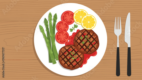 Nutritious dinner plate featuring grilled burger patties with red sauce, fresh green asparagus, tomato slices, and lemon on a wooden table.