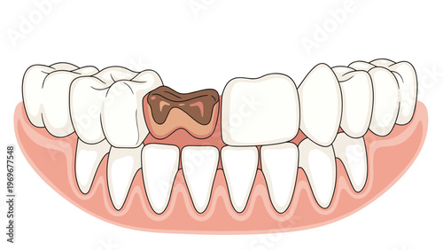 Illustration of human teeth in gums with one central tooth showing severe brown decay and damage.