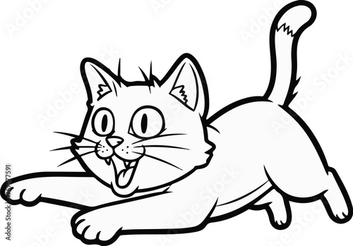 Wide-eyed cartoon cat leaping forward with mouth open and tail raised